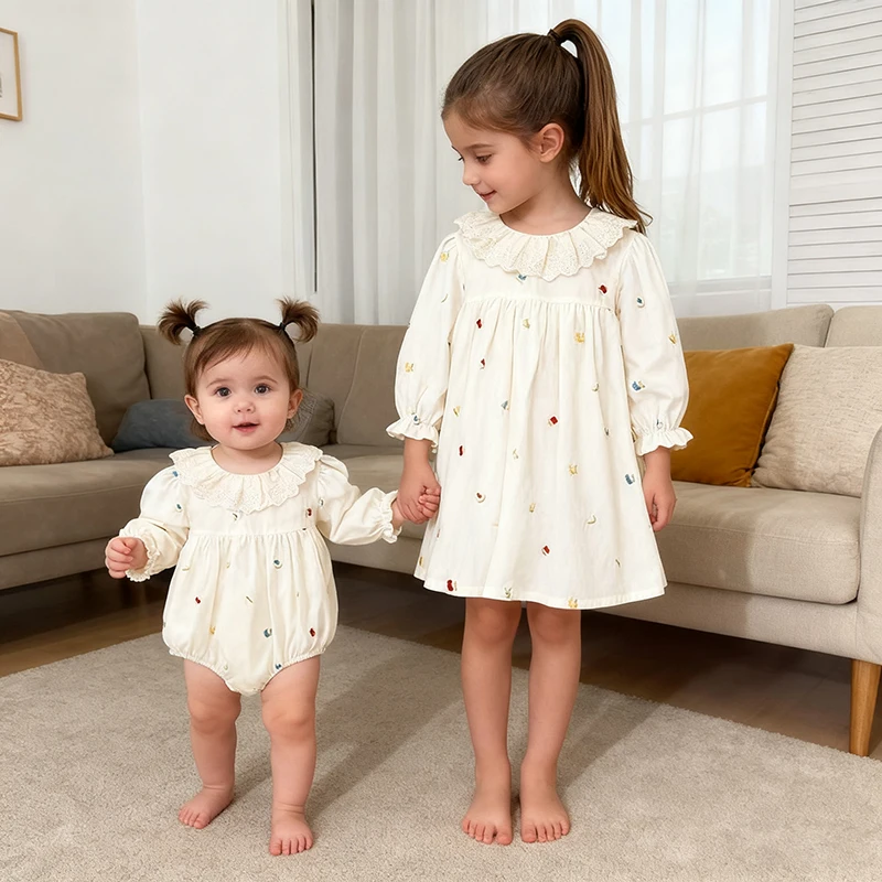 2025 New Autumn Baby Girl Print Lapel Dress Spring Cotton Long Sleeved Birthday Romper Baby Girl Sisters Children Party Clothes