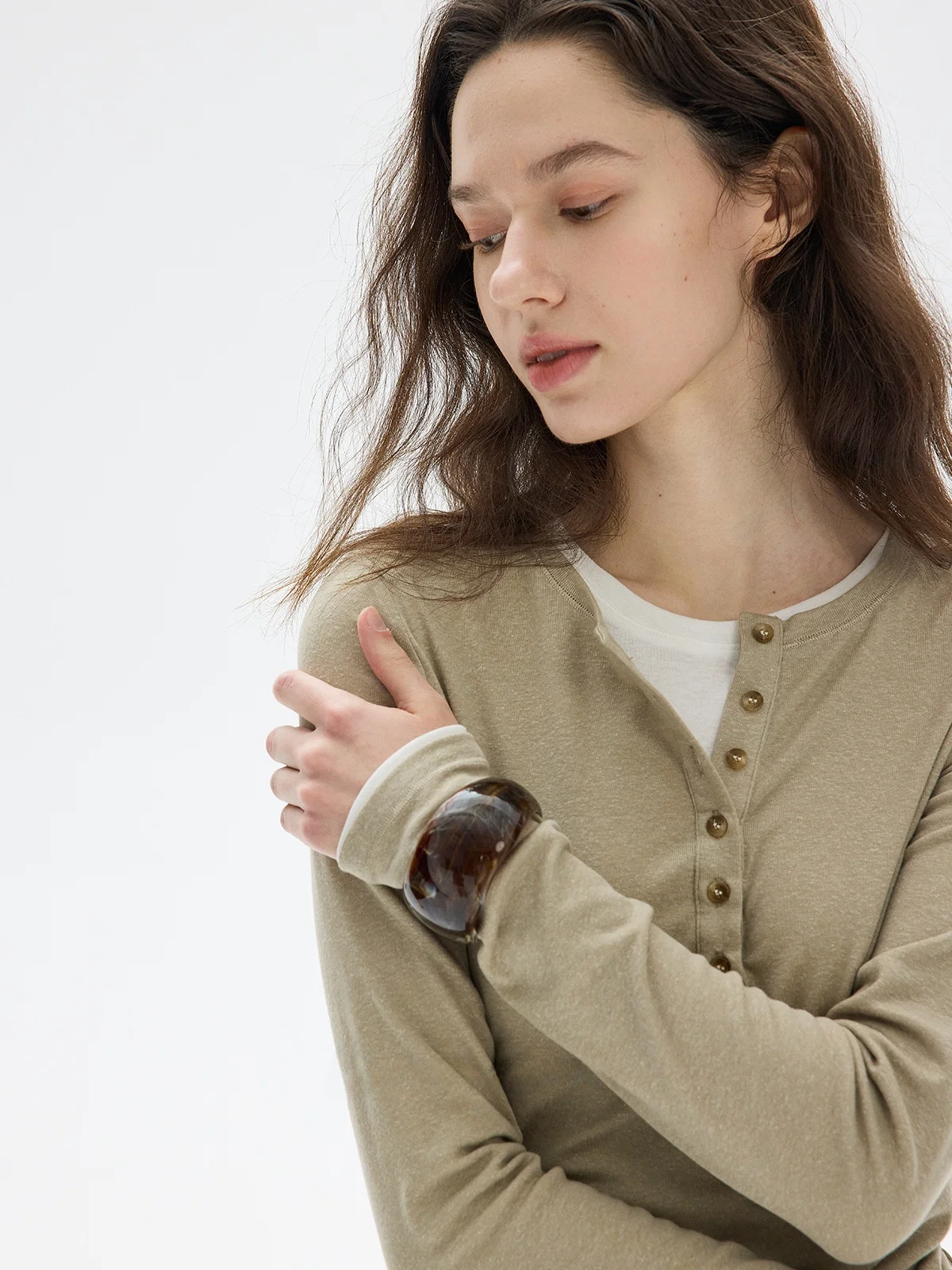 

Вязаная футболка Lunique Lin Yue с длинным рукавом, комплект из двух предметов, из смесового льна Lenzing, повседневная, приталенная, женская, модная