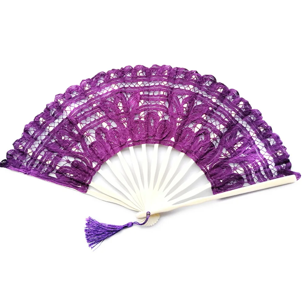 

Home Decoration Bamboo Handle Vintage Lace Hand Fan European Style with Tassel Embroidered Folding Fan Hand Held Dance Fan Party