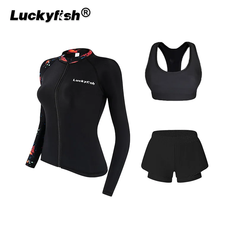 Donna UPF50 + Manica lunga Cerniera frontale Sport acquatici all'aperto Spiaggia Surf Camicie da bagno Pantaloni 3 pezzi Tappetino da bagno ad asciugatura rapida Rash Guard