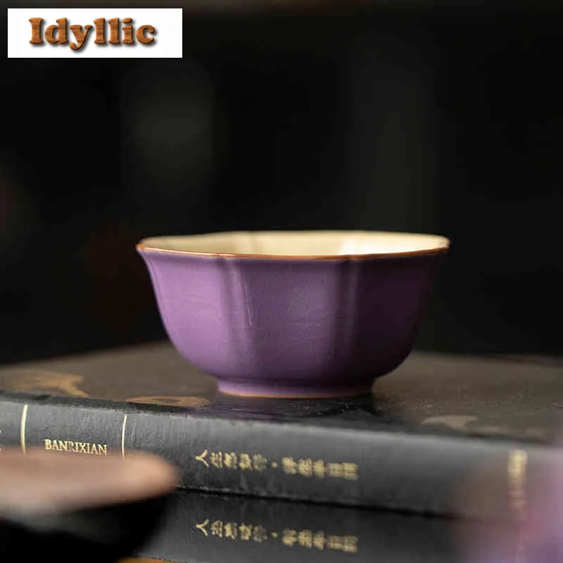 

2pc/lot Purple Ru Kiln Octagon Teacup Zen Tea Bowl Cute Cup Tea-tasting Meditation Cup Chazhan Master Cups Household Cha 50ml
