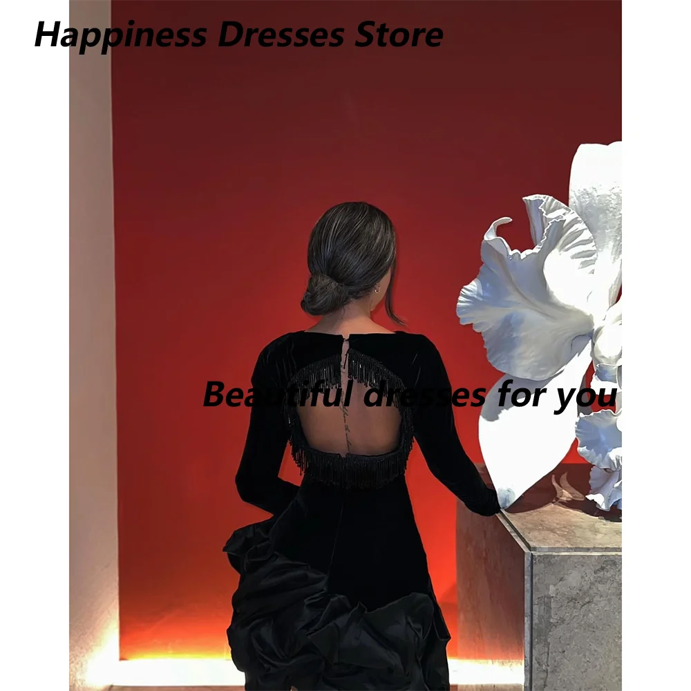 Black Short Prom Dress Customized Long Sleeve Mini Pleat A Line Evening Dress Tassel Opne Back Cocktail Party Dress Custom Color