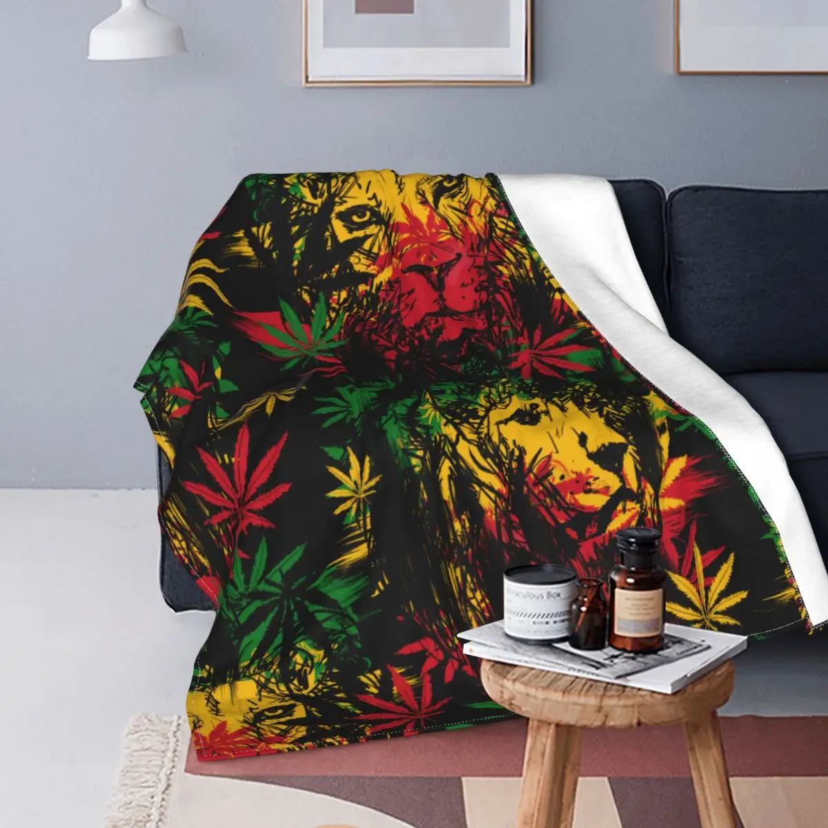 

Lion Head Cannabis Leaves Rastaman Style Blanket Flannel Weed Leaf Super Soft Throw Blankets for Bedding Couch Bedroom Quilt