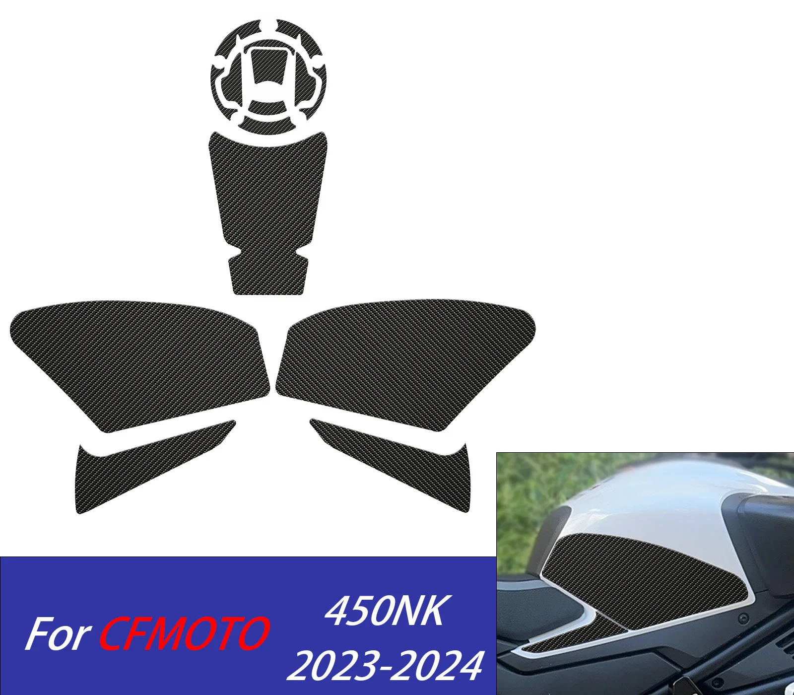 

Для CFMOTO 450NK 2023-2024 2025 мотоциклетные накладки на колени топливного бака, противоскользящие, устойчивые к царапинам наклейки, комплект защитных наклеек