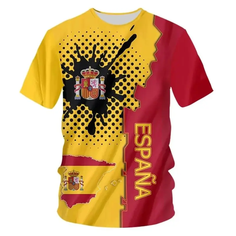 

3D Spanish National Emblem Printed Men's Short-Sleeved T-Shirt Fashionable Quick-Drying Loose Top Outdoor Casual Training Dress