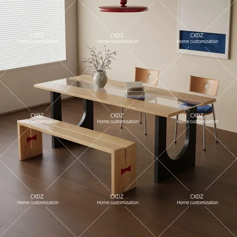 Medieval Style Solid Wood Dining Table Square Glass Top Desk Memphis Color Design for Small Apartment Household Furniture