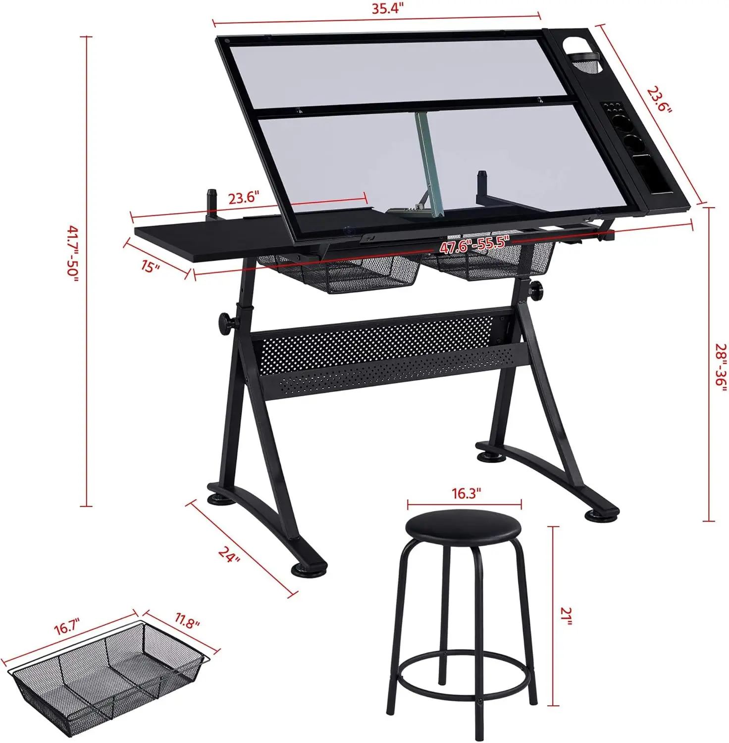 Drawing Table, Art Craft Desk with Adjustable Tabletop, Painters/Artist Work StationStudy Table with StoolTempered Glass Top