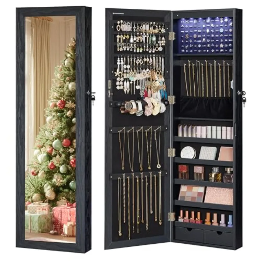 

6 LEDs Mirror Jewelry Cabinet 47.2-Inch Tall Lockable Wall or Door Mounted Jewelry Armoire Organizer with Mirror 2 Drawers 3.9