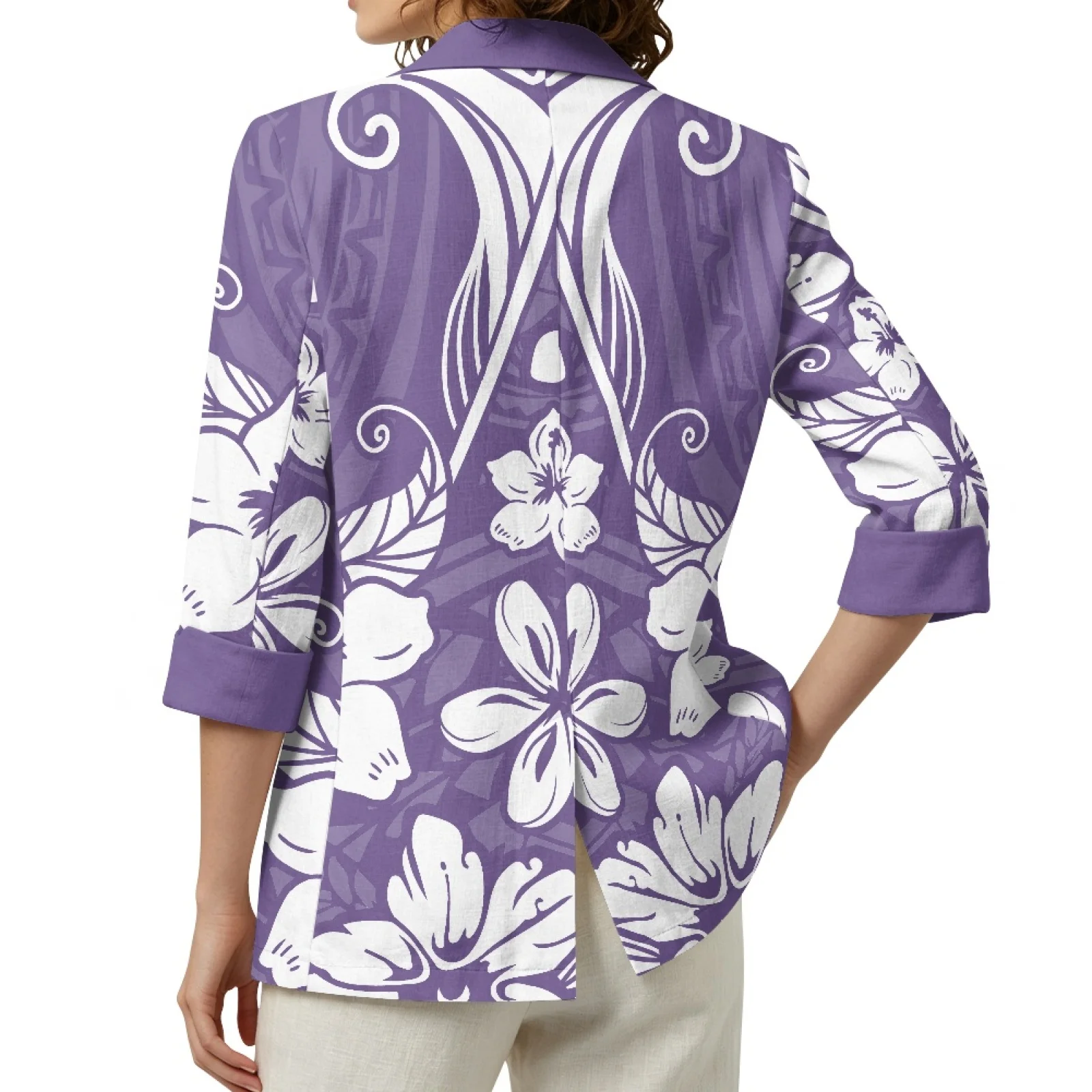 PENSTROLL Purple White Floral Linen Style Business Jacket, Casual Layering Top Sizes S-3XL for Women Daily Vacation Wear