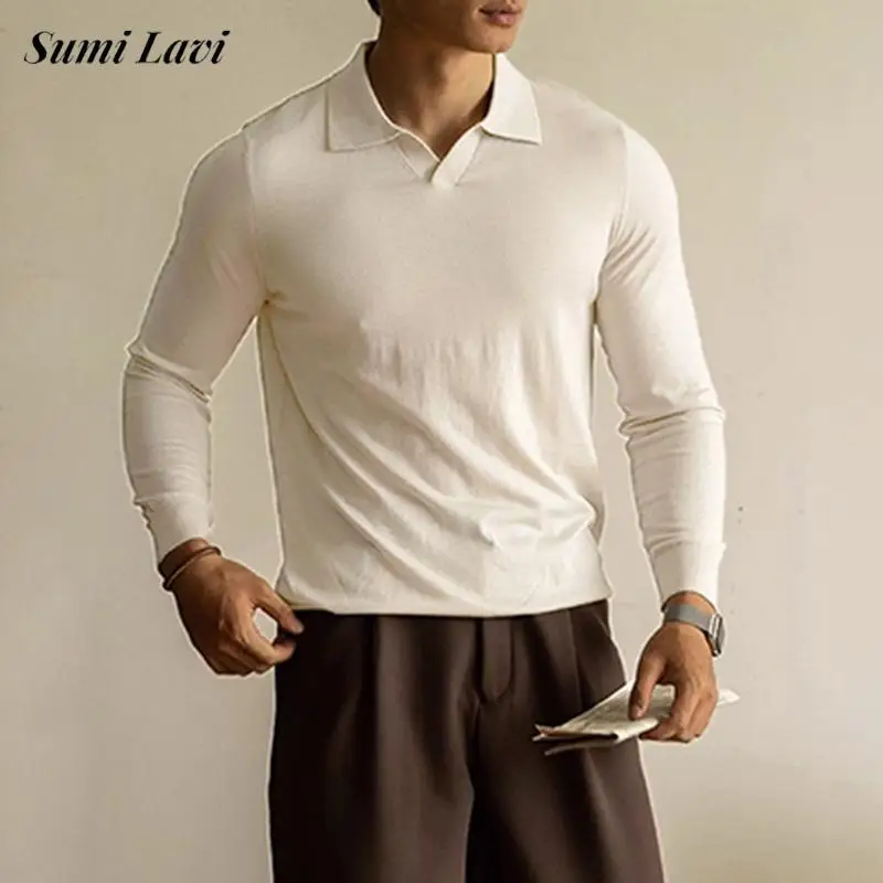 

Повседневный мужской облегающий свитер для отдыха, винтажный вязаный свитер поло с отложным воротником и длинными рукавами для мужчин, весенне-осенние повседневные свитера