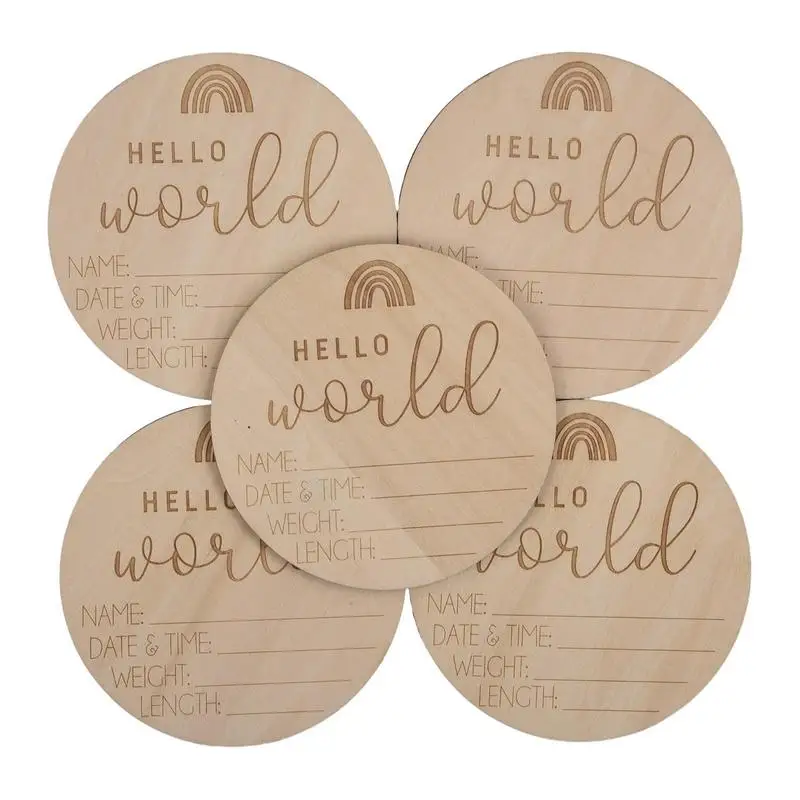 5pcs Wooden Hello World Birth Announcement DIY Sign Wood Baby Milestone Card Recording Cards Baby Photography Props Birth Cards