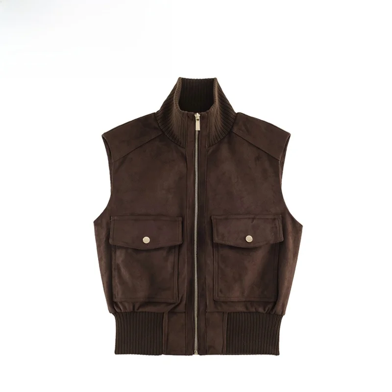 Fashionable Velvet Texture Vest Women's Stylish Versatile Short Zipper Polyester Fiber Curves Fit Backless Effect 3046259