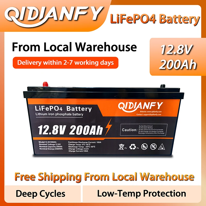 Qidianfy 12.8V 200Ah LiFePO4 Battery with 200A BMS Low-Temp Protection Rechargeable Lithium Battery for RV Trolling Motor Solar Off-grid Energy Storage