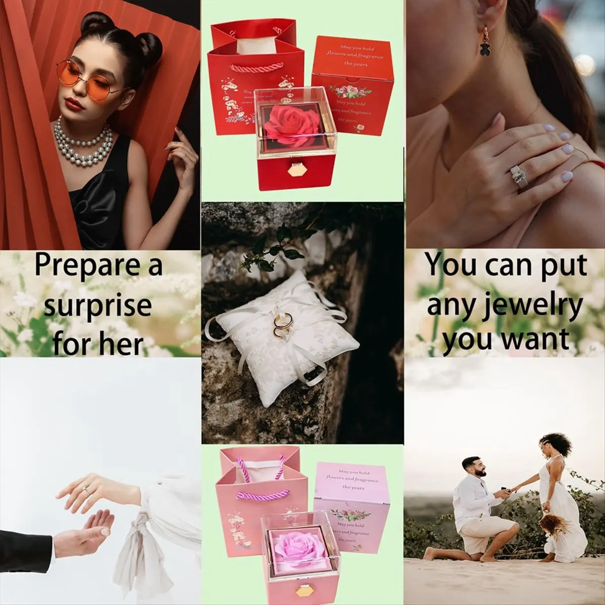 AA83 Rose Ring Box Rotates 360° Velvet Jewelry Box Eternal Rose Box Valentine's Day Mother's Day for Romantic Gifts,Red