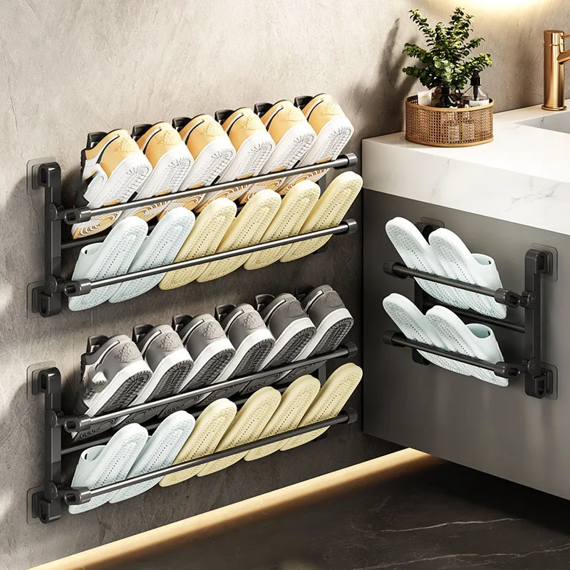 Wall Mounted Shoe Rack Free Punch Slipper Rack Bathroom Slipper Hook Shoe Storage Shelf Drying Rack Door Shoe Hanging Holder