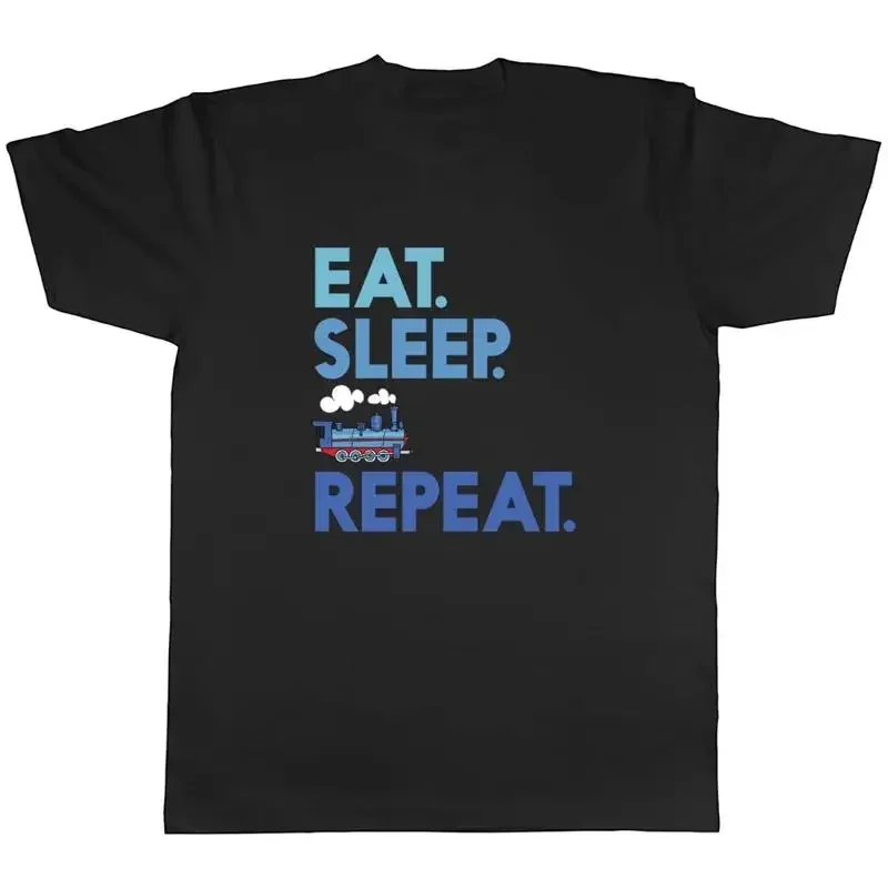 Eat Sleep Train Mens T-Shirt Locomotive Railway Station Metro Rail Tram Tee Gift