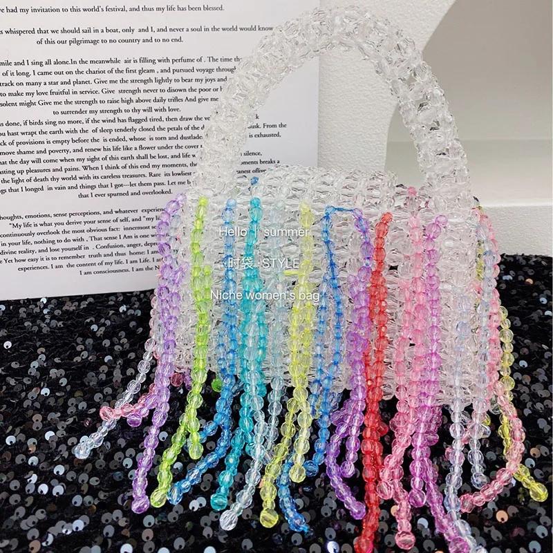 

New Fashion Colorful Tassel Beaded Bag Personalized Multicolor Transparent Acrylic Handwoven Handbag Summer Rainbow Women's Bags
