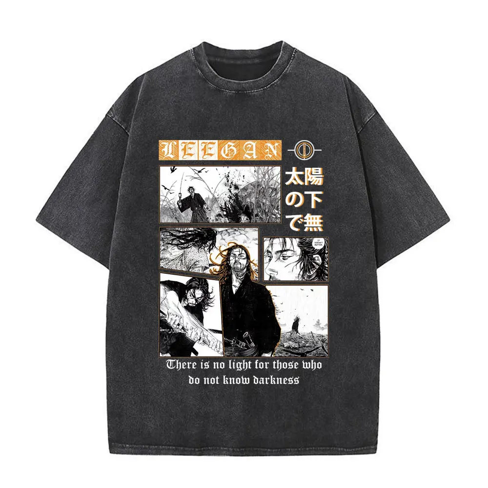 Vintage Washed Anime Vagabond Miyamoto Musashi Manga T-shirts Men Women Clothing Casual Cotton Short Sleeve T Shirts Streetwear