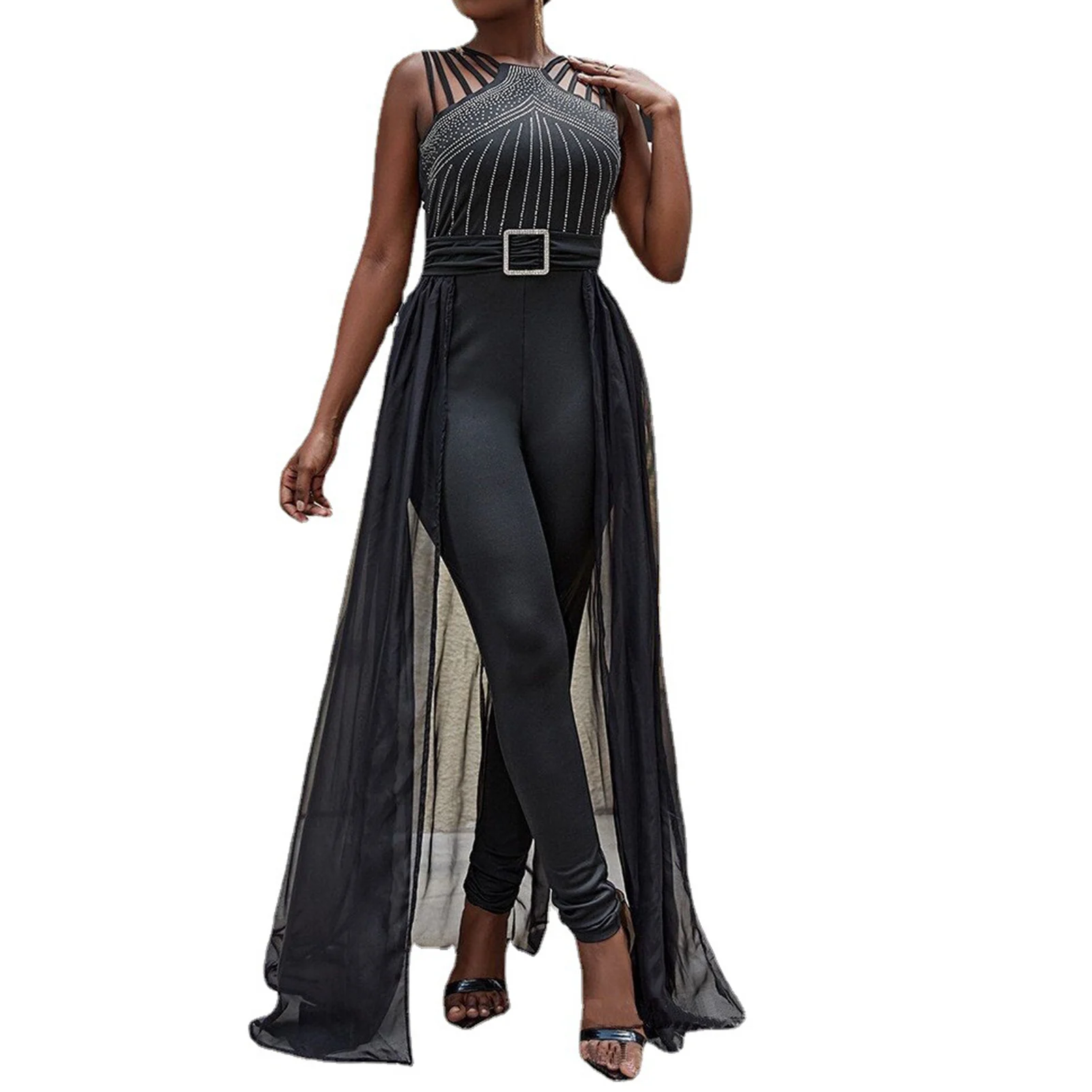 Glitter Slim Waist Mesh Jumpsuit for Women Sexy Round Neck Sleeveless Jumpsuit with Belt for Wedding Evening Party