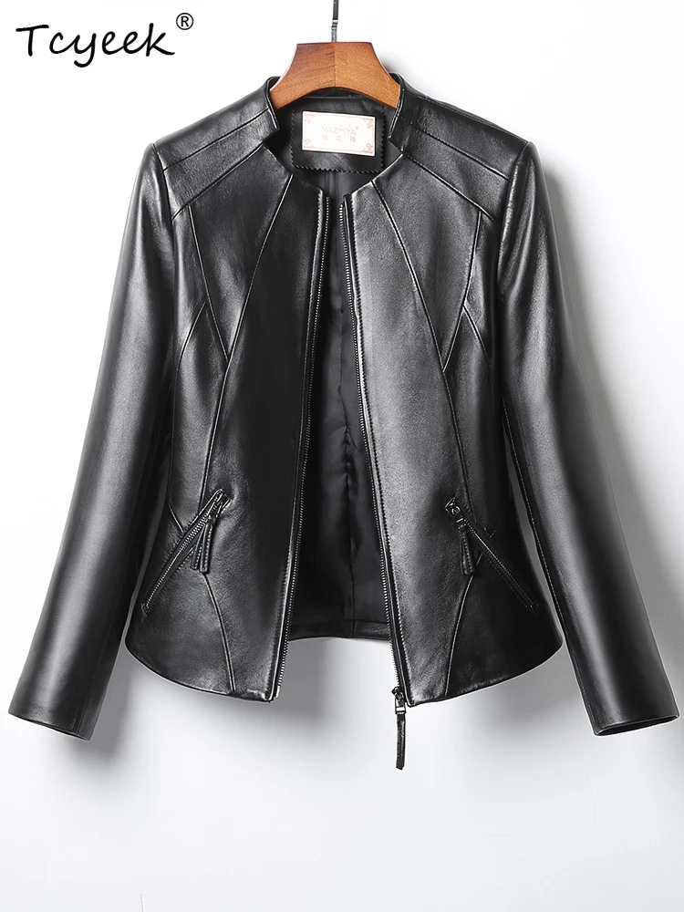 Tcyeek peau de mouton femmes veste en cuir printemps automne col montant à manches longues noir court moto veste Chaqueta Cuero