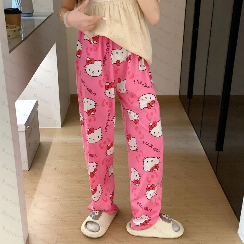 2026 سانريو مرحبا كيتي الحليب الحرير بيجامة المرأة فضفاضة النسخة الكورية الربيع الصيف المنزل عادية بنطلون بيجاما ملابس خارجية السراويل الطويلة #6
