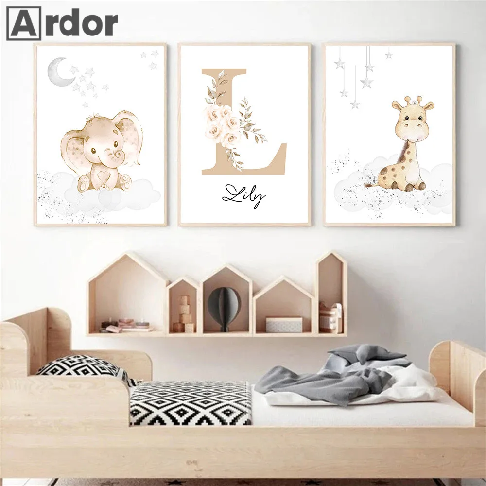 Baby Giraffe Wall Posters Custom Name Canvas Painting Elephant Art Print Nursery Poster Nordic Wall Art Pictures Kids Room Decor