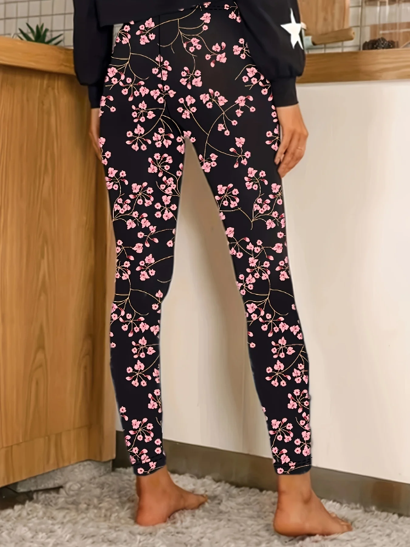 Leggings con estampado floral elegantes y de moda para mujer, pantalones elegantes de capa base para mujer