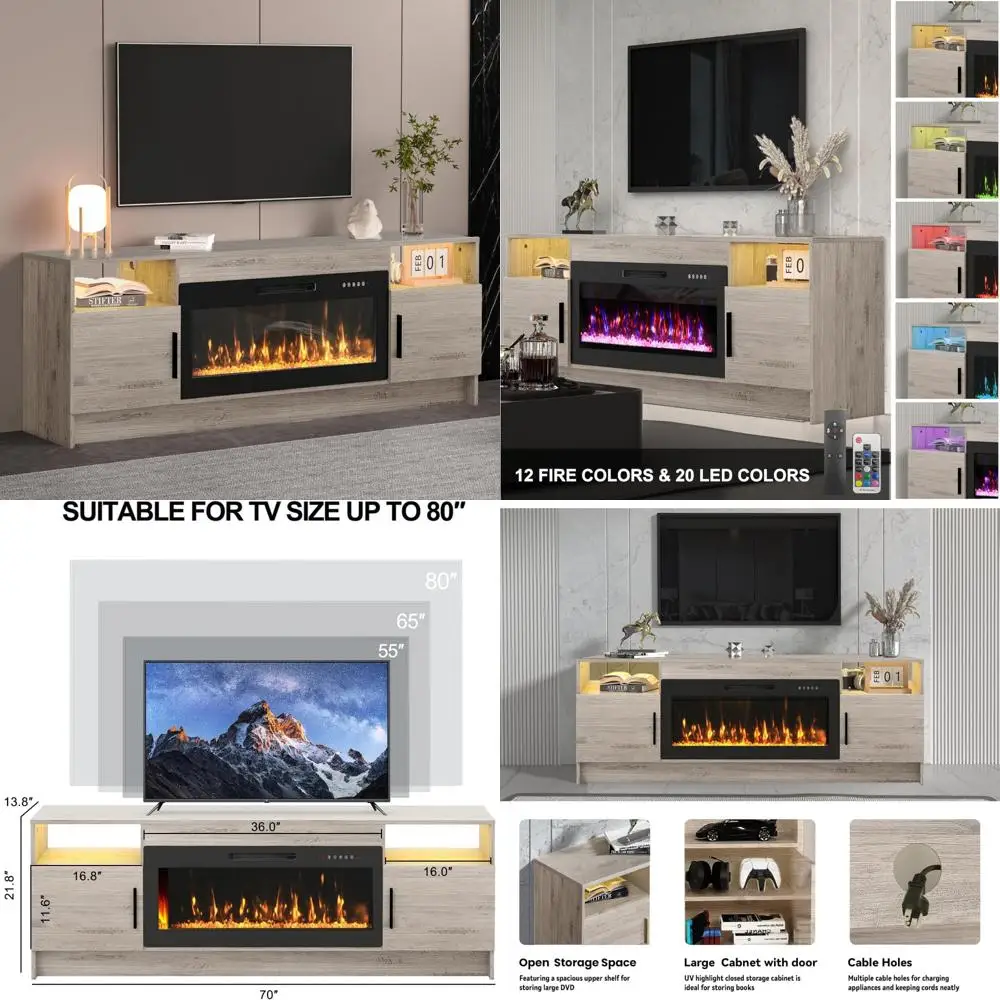 

Modern LED-Illuminated Electric Fireplace TV Stand for 80 Inch TVs - Stylish Entertainment Center for Living Room