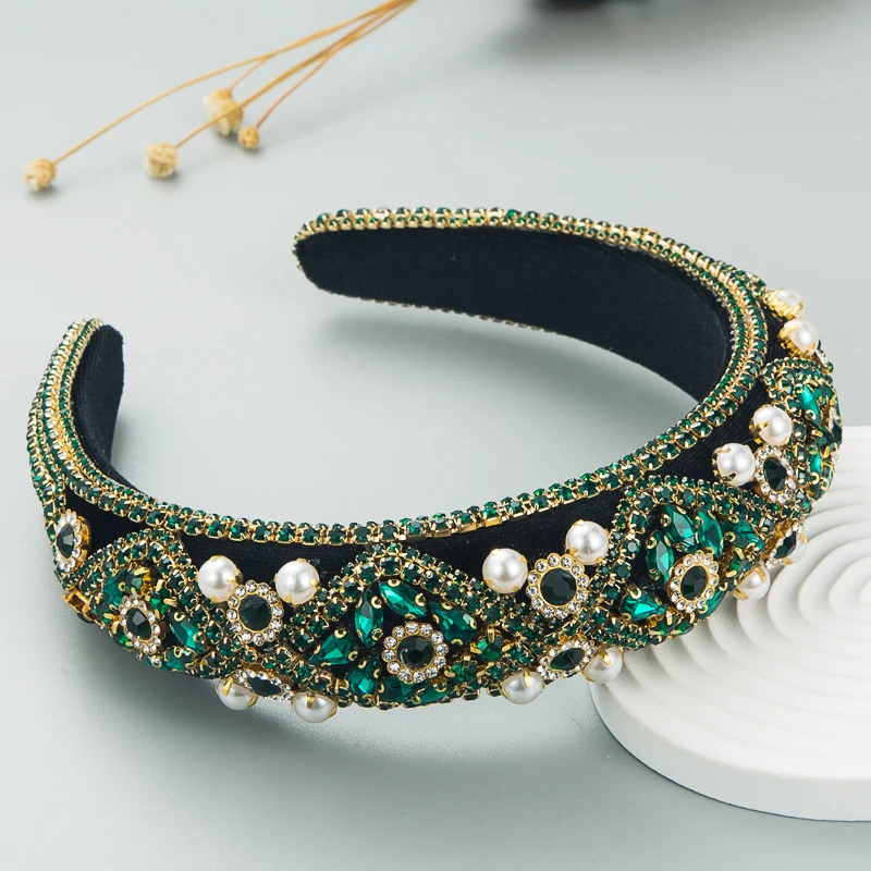 New Heavy Craft Diamond Pearl Plush Fabric Vintage Sponge Head Hoops For Women Cross Border Headband