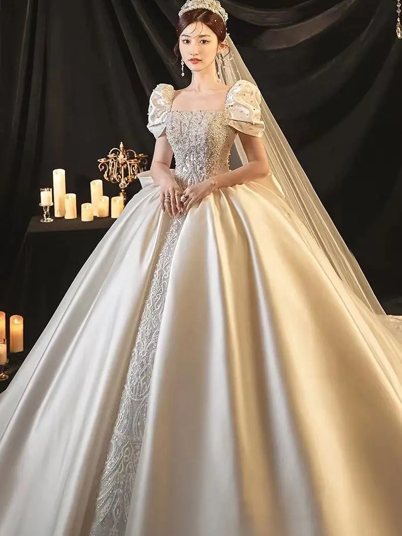 Satin High Quality Retro Palace Style Trail Wedding Dress Classic Princess Wedding Gown Romantic Bridal Dresses