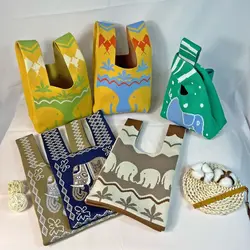 Ethnic Style Cartoon Knitted Handbag Women Large Capacity Knot Wrist Bag Casual Tote Bag Handmade Shopping Bags for Woman Girls