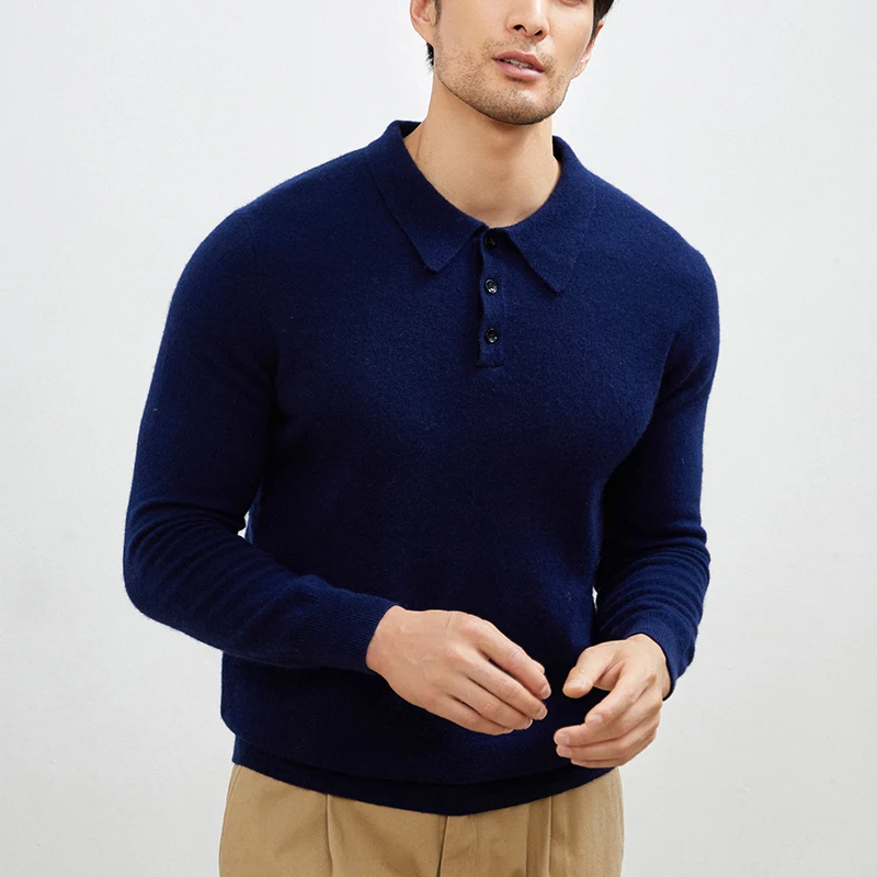 Nuovo maglione di puro cashmere al 100% da uomo con collo a polo a maniche lunghe pullover moda lavorato a maglia con fondo business casual maglione di cashmere.