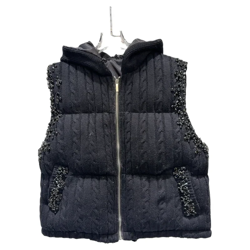 Fashion Lady Rhinestone Beads Sleeveless Wadded Jacket New Autumn Winter Hooded Knitted Vests Coat Diamonds Women Waistcoat