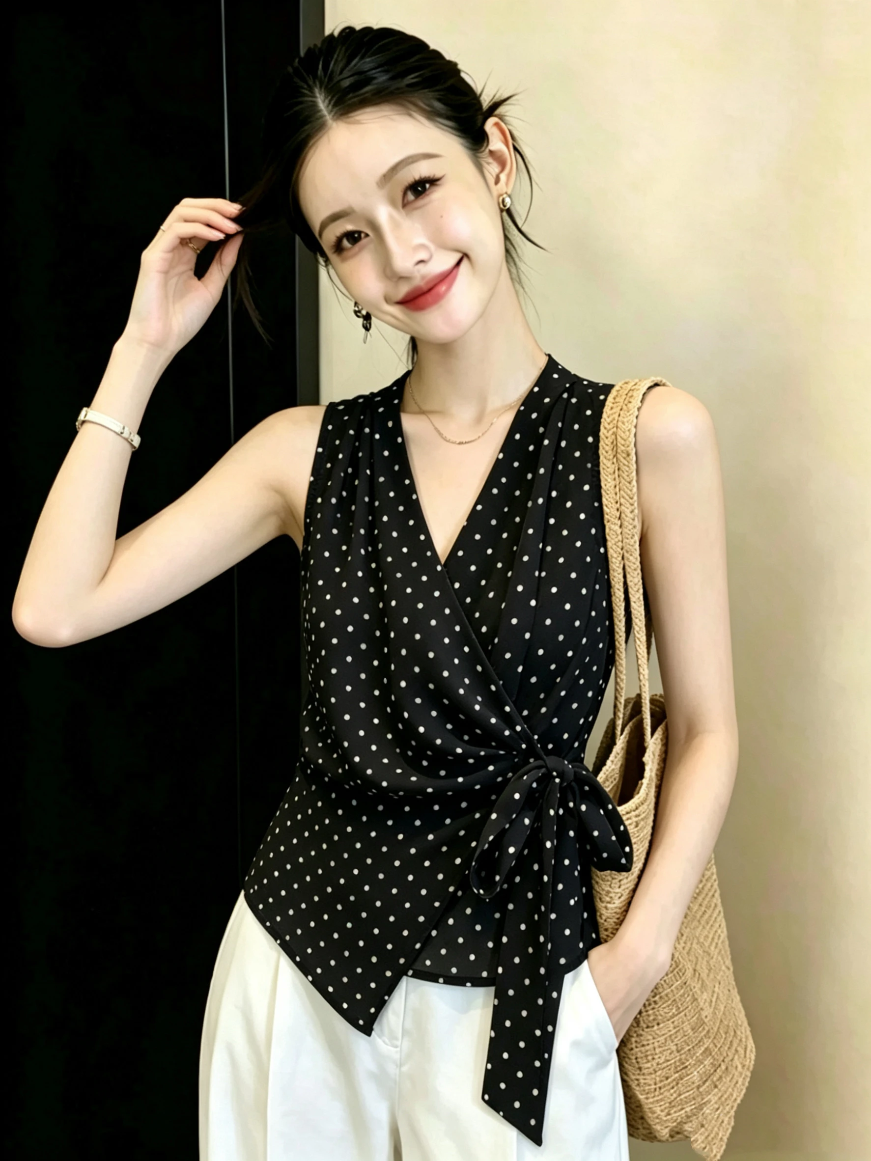 

Black Polka Dot Shirt Women's Summer New Style V-Neck Cross Strapless Top Irregular Lace-Up Bandage Design Fashionable Elegant