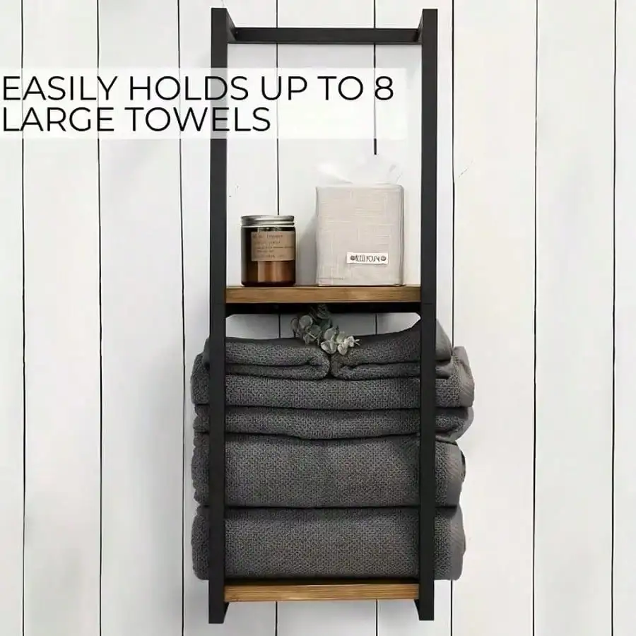 2-Tier Bathroom Towel Rack With Frame - Wall-Mounted Towel And Essentials Storage Rack | Modern Bathroom Elegant Metal And Wood Design, Wall-Mounted Towel Storage Rack, Bedroom Organizing Rack, Bathroom Towel Rack