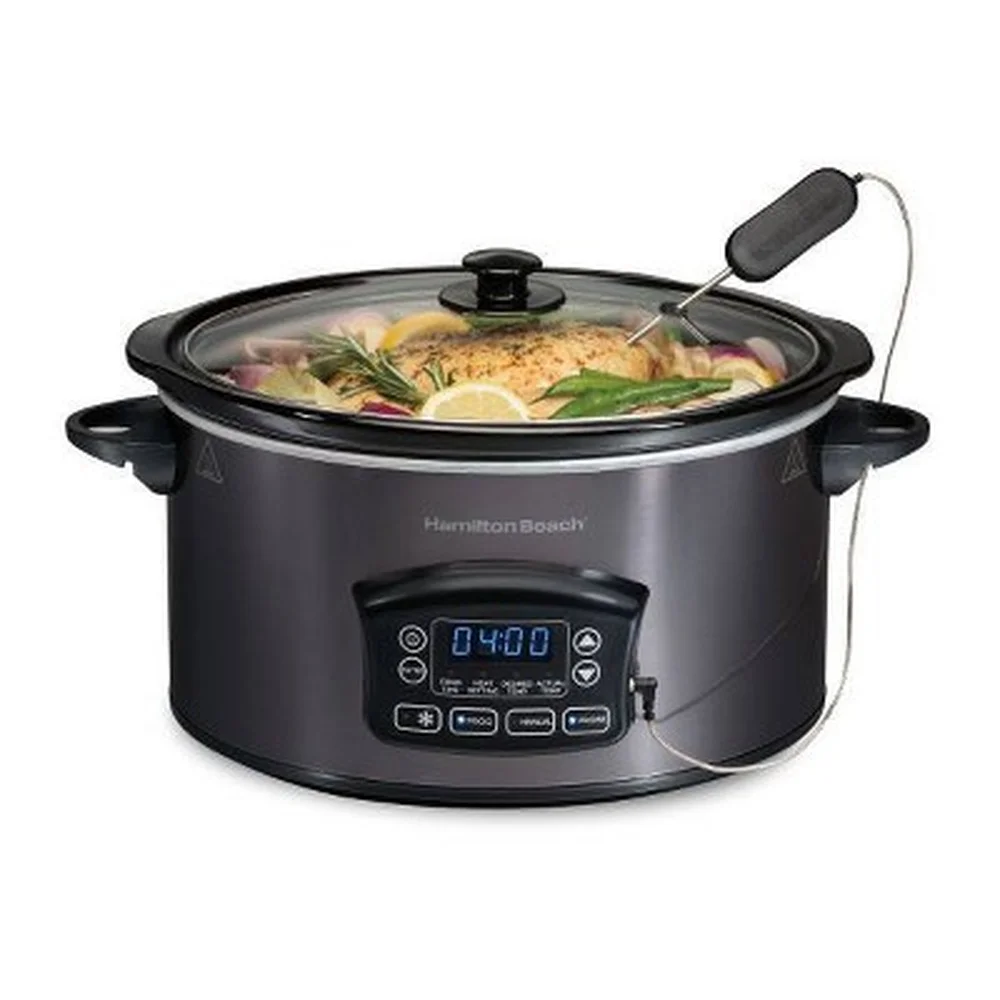 6Qt Programmable Slow Cooker with Temperature Probe Automatic Keep Warm Defrosts Frozen Meat Cooks Safely Family Size 7 Plus