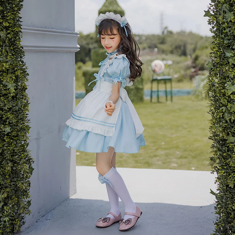 ブルーガールズメイドドレス子供ロリータかわいいロリータドレス子供プリンセスドレスロリータ十代のスタイル甘い女の子ロリータ