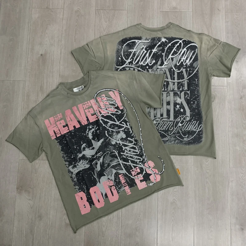 

Street Hip Hop Trend Brand FIRST ROW T-shirts Washed Used Hot Stamped Fashionable First Row Short Sleeved T-shirt