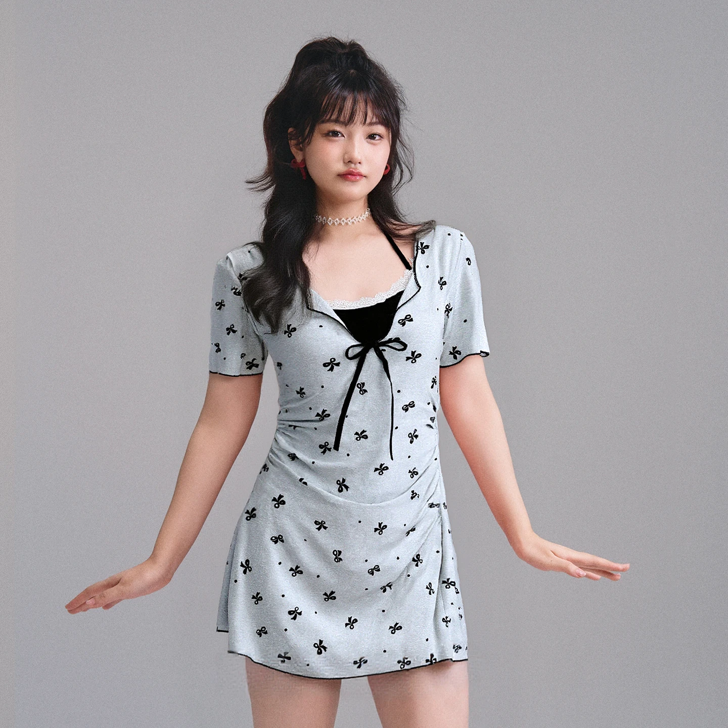 

plus Size Swimsuit for Girls Cute Style Thermal Spring Suitable Hide Meat Slimming V Neck Short Sleeve Leisure Swim...