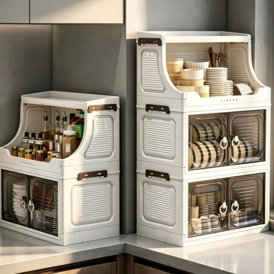 Foldable Storage Bins With Open Shelf, Stackable Mobile Storage Cabinet With Doors, Multifunctional Modular Organizer System With Wheels, Portable Storage Trolley Cart For Entryway, Living Room, Bedroom, Bathroom, Kitchen, Organization And Storage