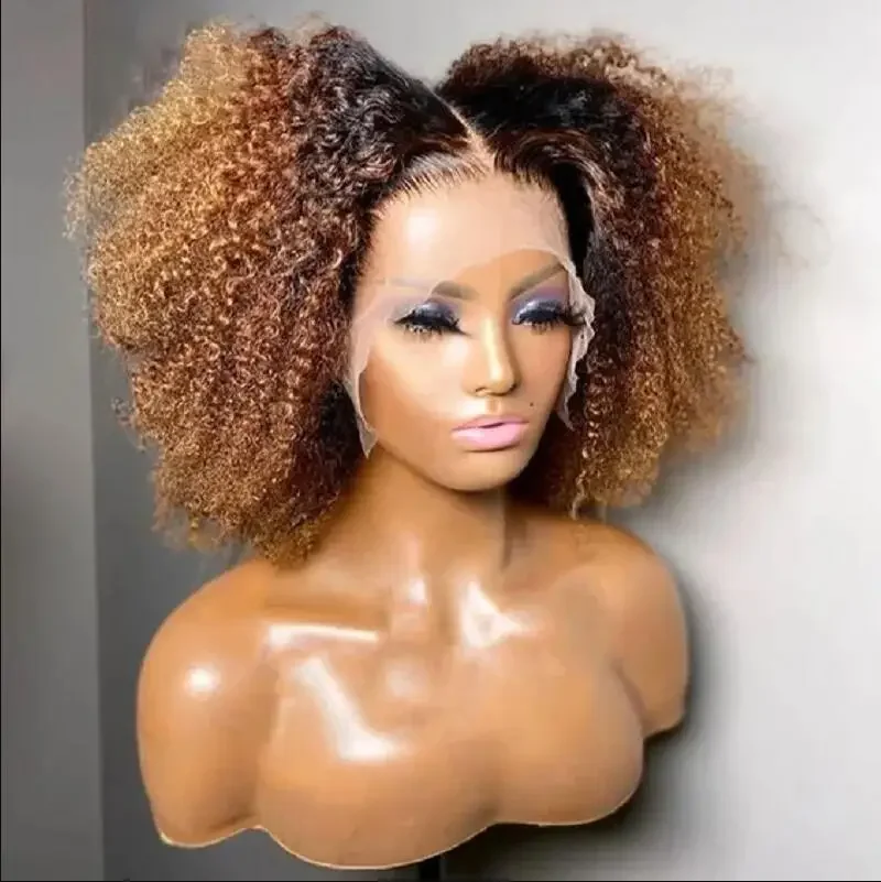 Bob Soft Preplucked Ombre Brown Lace Front Wig For Women 14Inch 180Density Kinky Curly Synthetic With Baby Hair Glueless Daily
