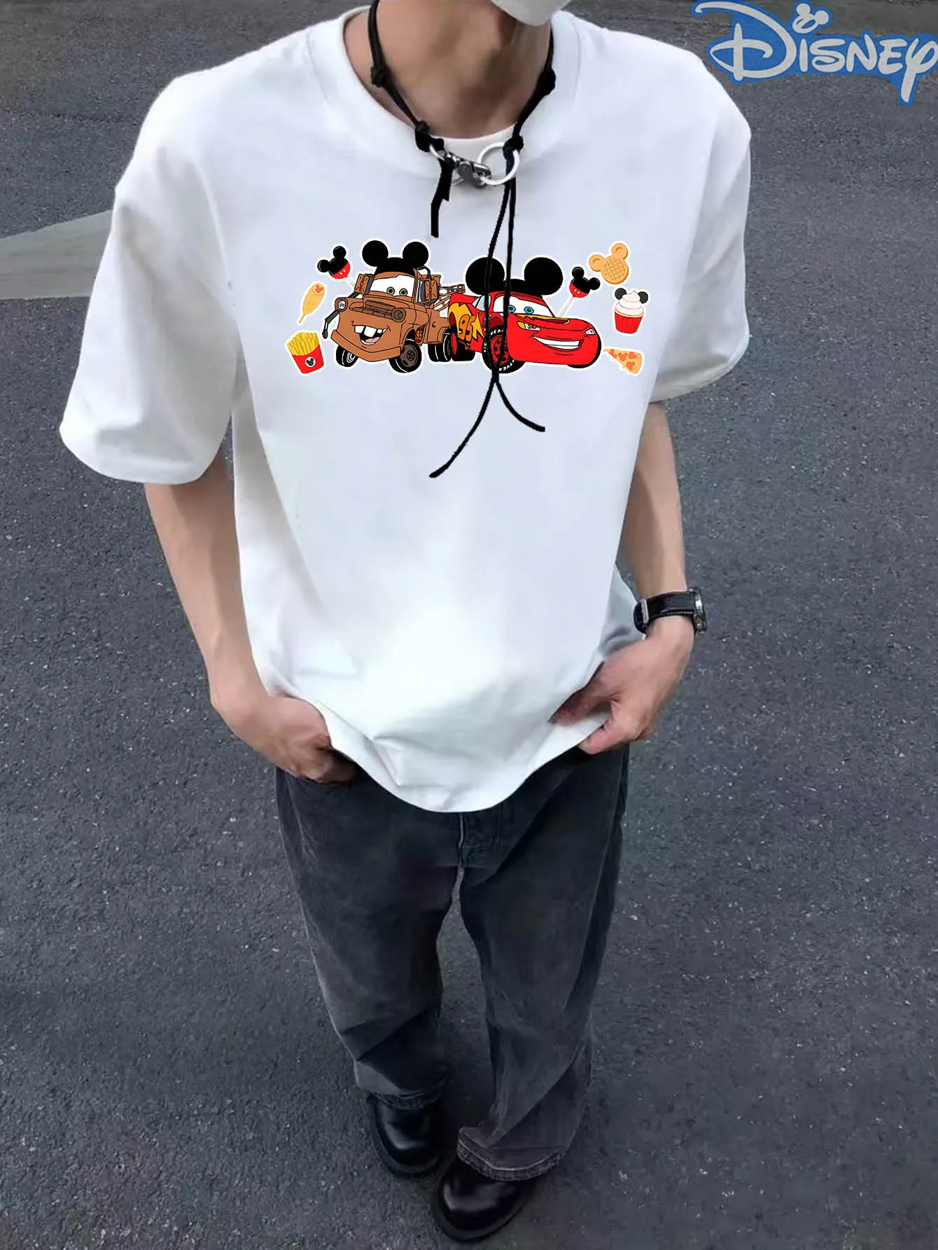 2025 뉴 디즈니 라이트닝 맥퀸 캐주얼 퓨어 코튼 워시드 티셔츠 빈티지 스트리트 컬리지 스타일 Y2K 스타일 하라주쿠 유니섹스 스타일