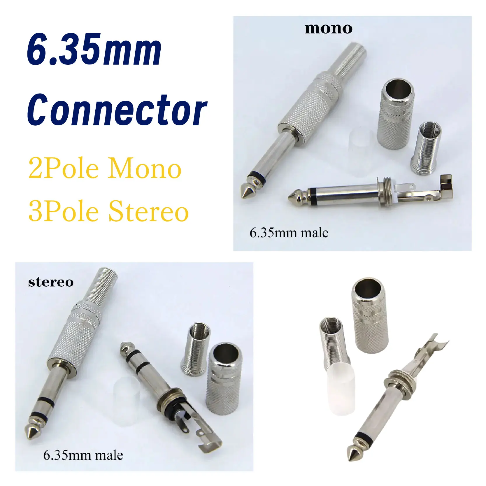 

2/3Pole Mono Stereo Amplifier Plug 6.35mm Metal Microphone Jack Plug-in Audio Connector