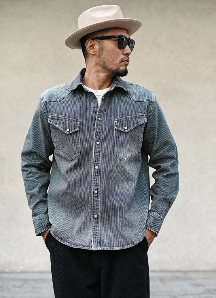 

Sauce Zhan Heritage Stripe Western Heavyweight Distress Джинсовая рубашка Осенние мужские повседневные рубашки с длинными рукавами стандартного кроя