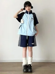 Preppy Style Sports Suit Loose Contrast Color Short Sleeved Zipper Top + Tie Up High Waisted Casual Shorts 2pcs Sets Y2k Suits