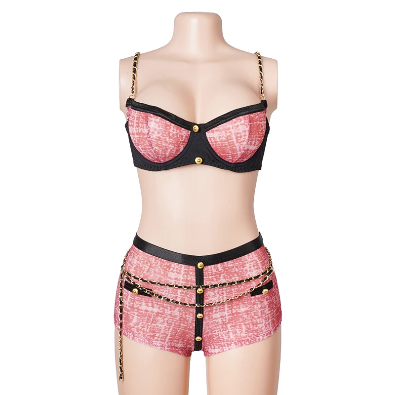 Women's Sexy Underwire Bra Set Adjustable Chain Straps Metal Waist Detail Lingerie 2pcs Female Intimate Costumes In Sizes XS-2XL
