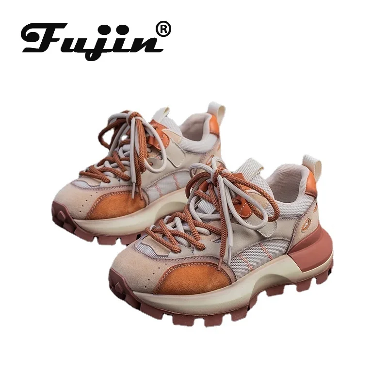 

Fujin 5cm Booties Mixed Color Ankle Boots Spring Autumn Women Comfy Summer Shoes Air Mesh Pigskin Leather Chunky Sneaker Flats