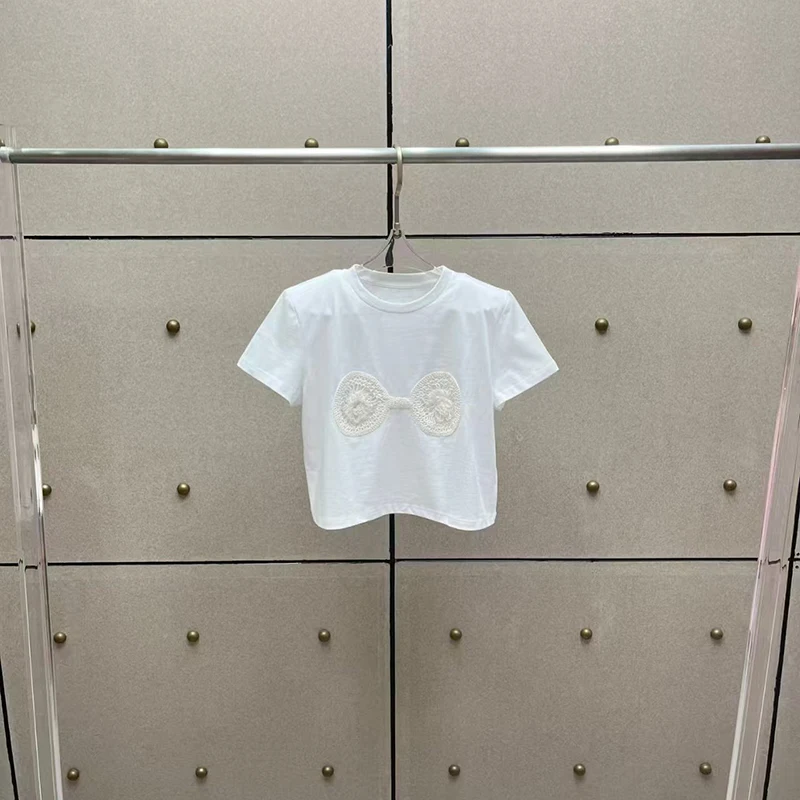 

Ladies' round-neck short-sleeved T-shirt, shoulder-padded knitted top, fashionable, sexy and versatile short T-shirt, 2025, new