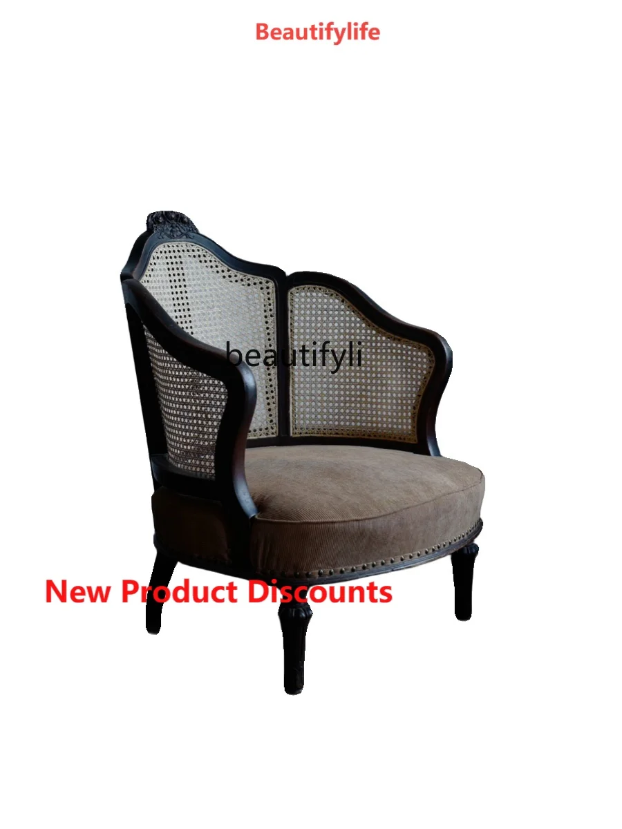 

X188 French American Rattan Chair Armchair Villa Solid Wood Fabric Rattan Sofa Retro Distressed Living Room Leisure Chair