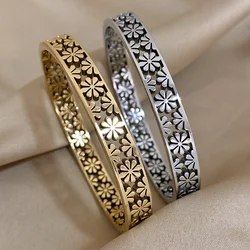 ALLYES Fashion Hollow Daisy Flower Stainless Steel Bangle for Women Charm Waterproof Jewelry Gold Silver Color Cuff Bracelets